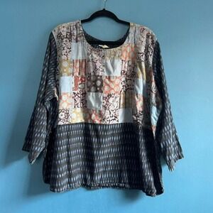Marketplace Patchwork Blouse Women's Plus Size 3W Blue Cotton Hippie Boho